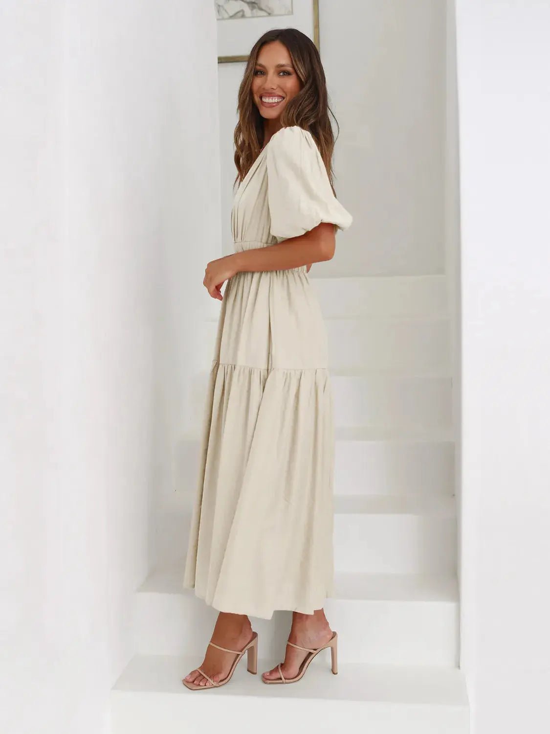 Tiered Surplice Half Sleeve Midi Dress - Charmdeals