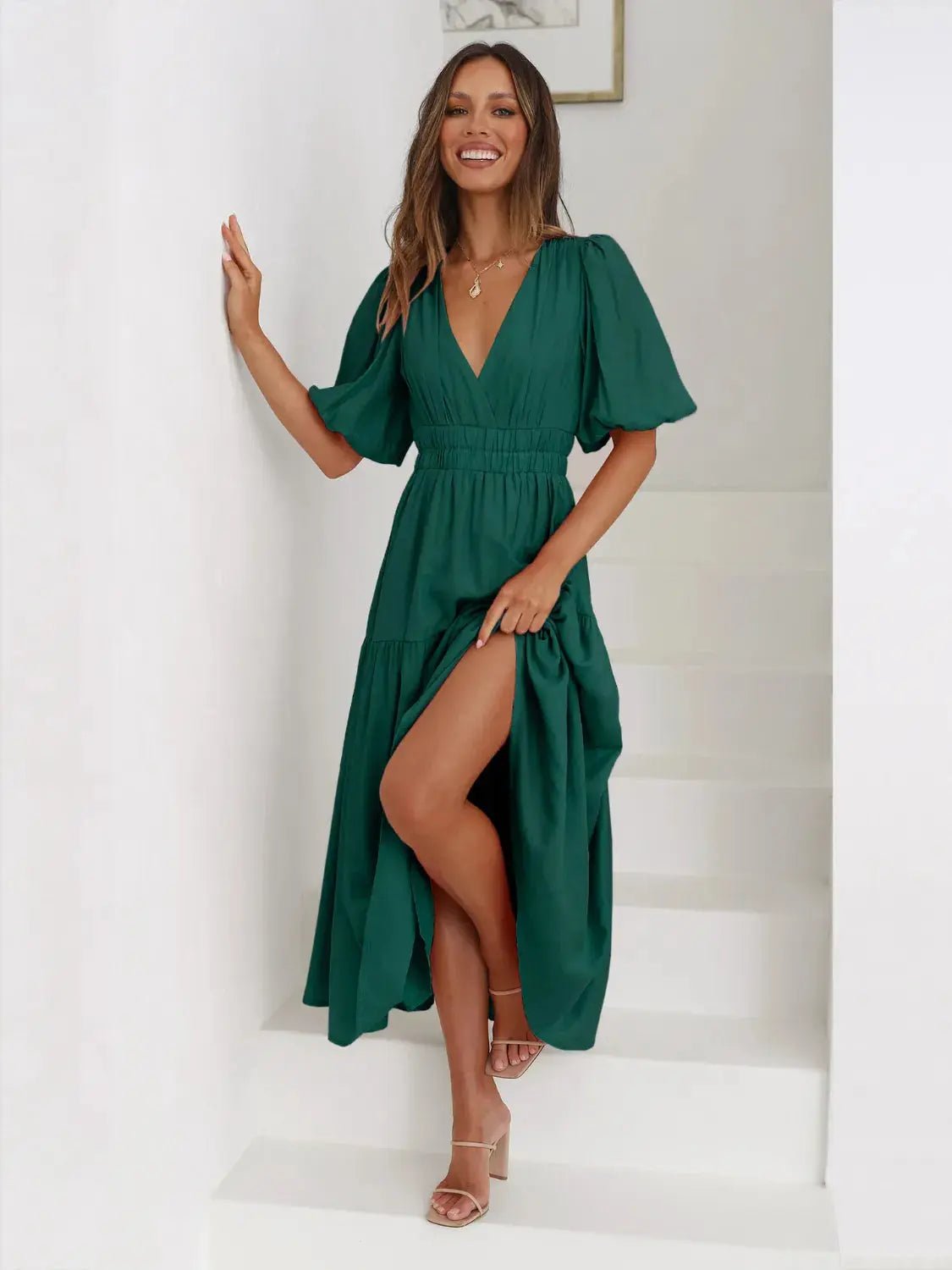 Tiered Surplice Half Sleeve Midi Dress - Charmdeals