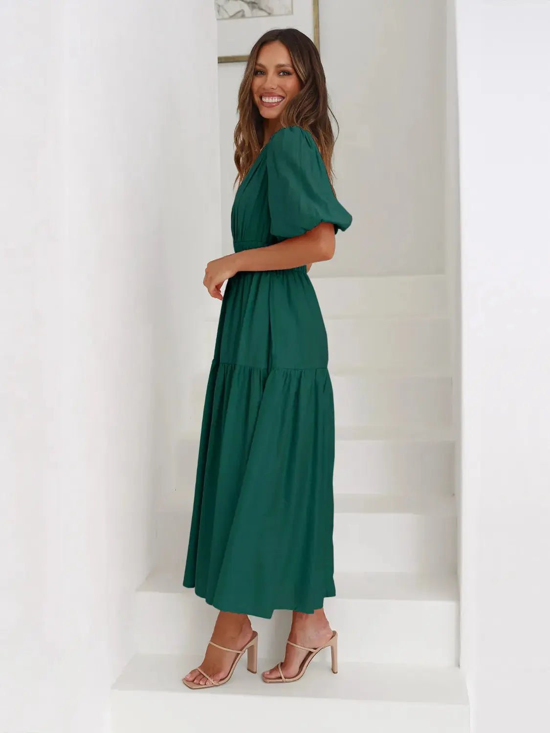 Tiered Surplice Half Sleeve Midi Dress - Charmdeals