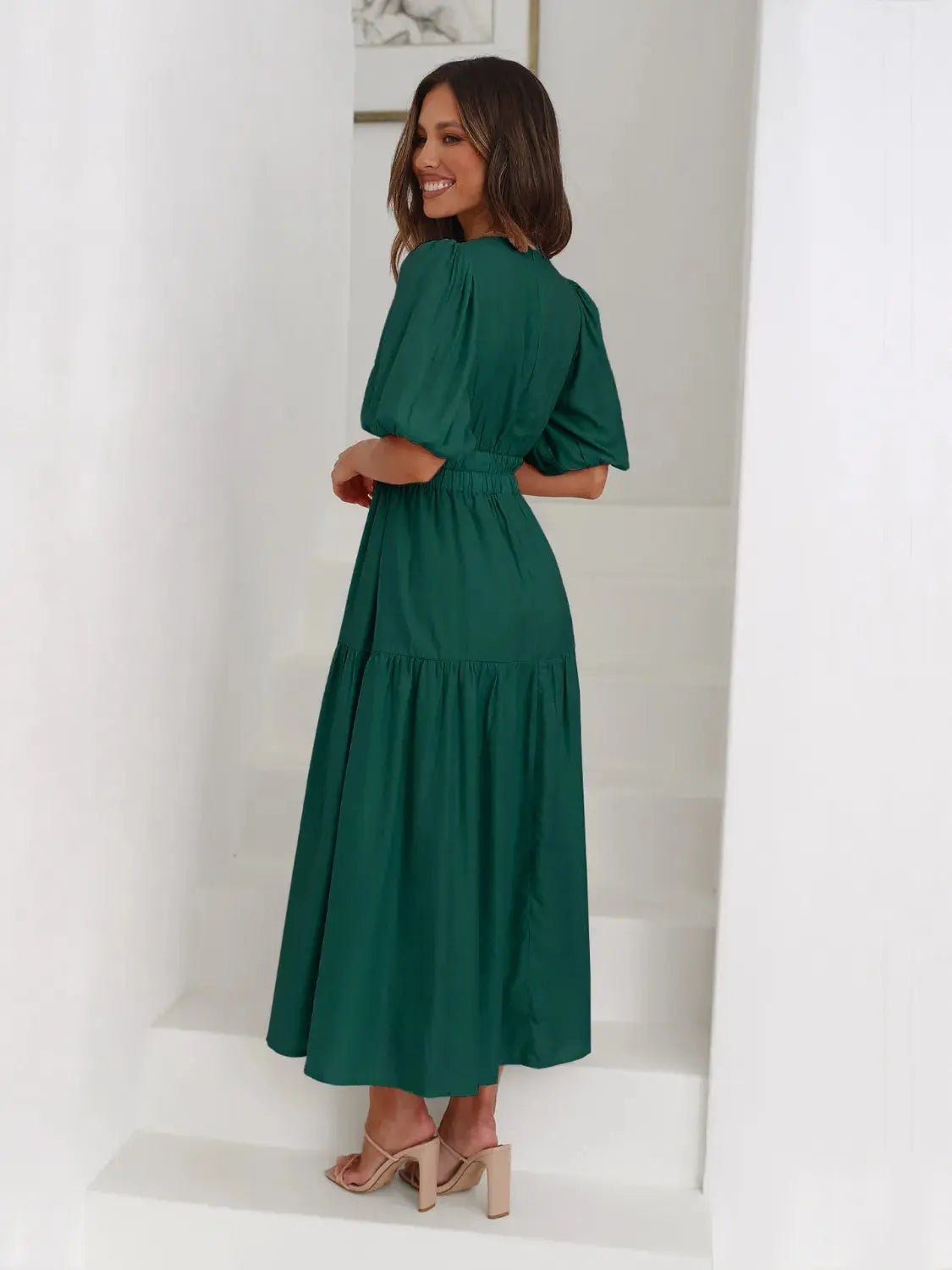 Tiered Surplice Half Sleeve Midi Dress - Charmdeals