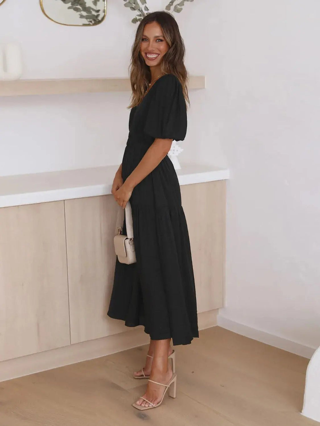 Tiered Surplice Half Sleeve Midi Dress - Charmdeals