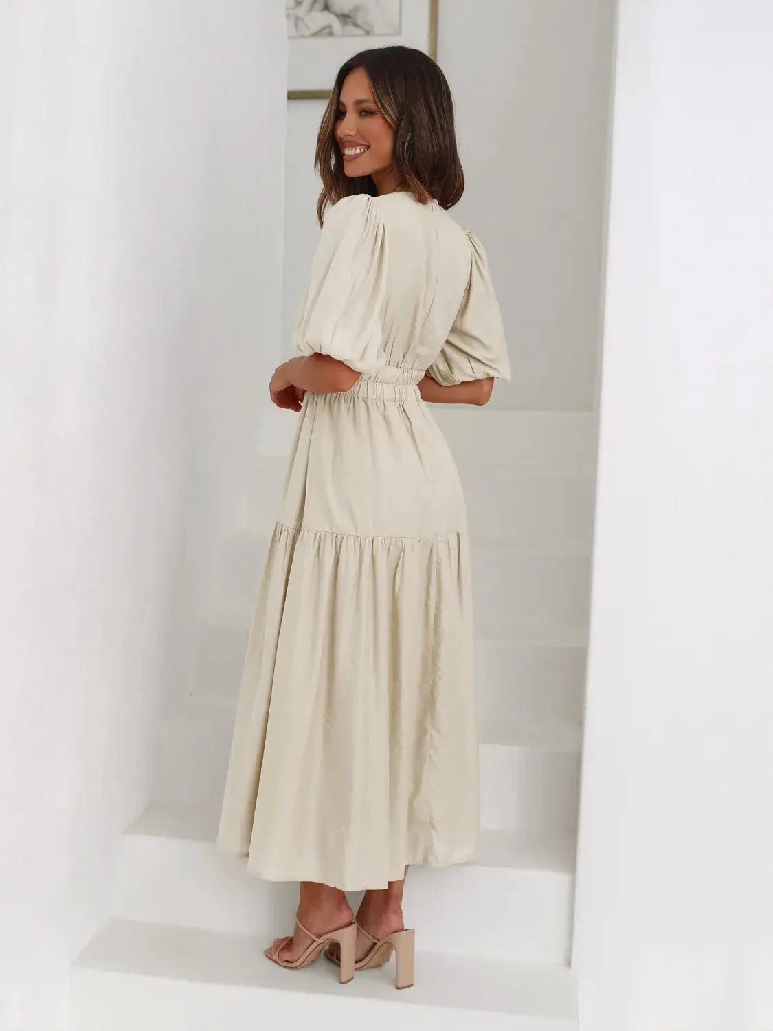 Tiered Surplice Half Sleeve Midi Dress - Charmdeals