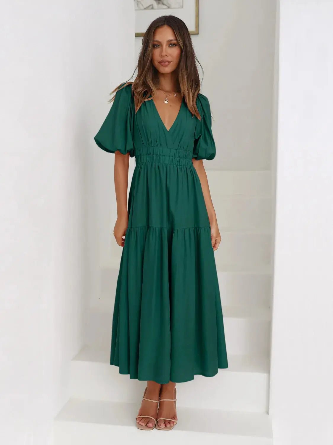 Tiered Surplice Half Sleeve Midi Dress - Charmdeals