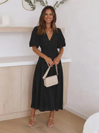 Tiered Surplice Half Sleeve Midi Dress - Charmdeals