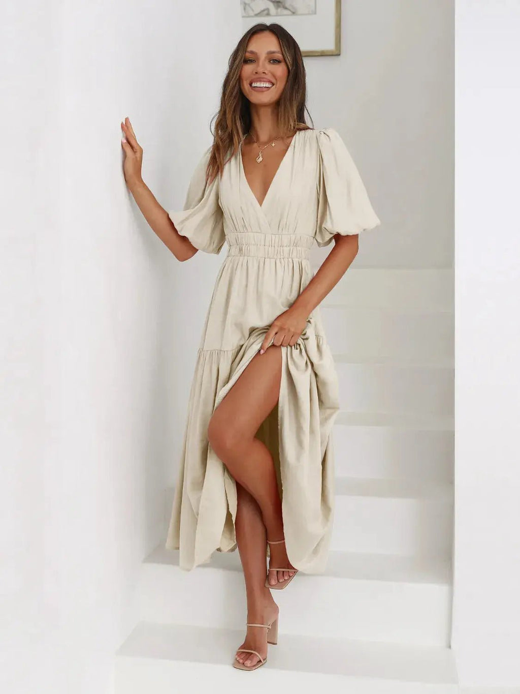 Tiered Surplice Half Sleeve Midi Dress - Charmdeals