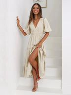 Tiered Surplice Half Sleeve Midi Dress - Charmdeals
