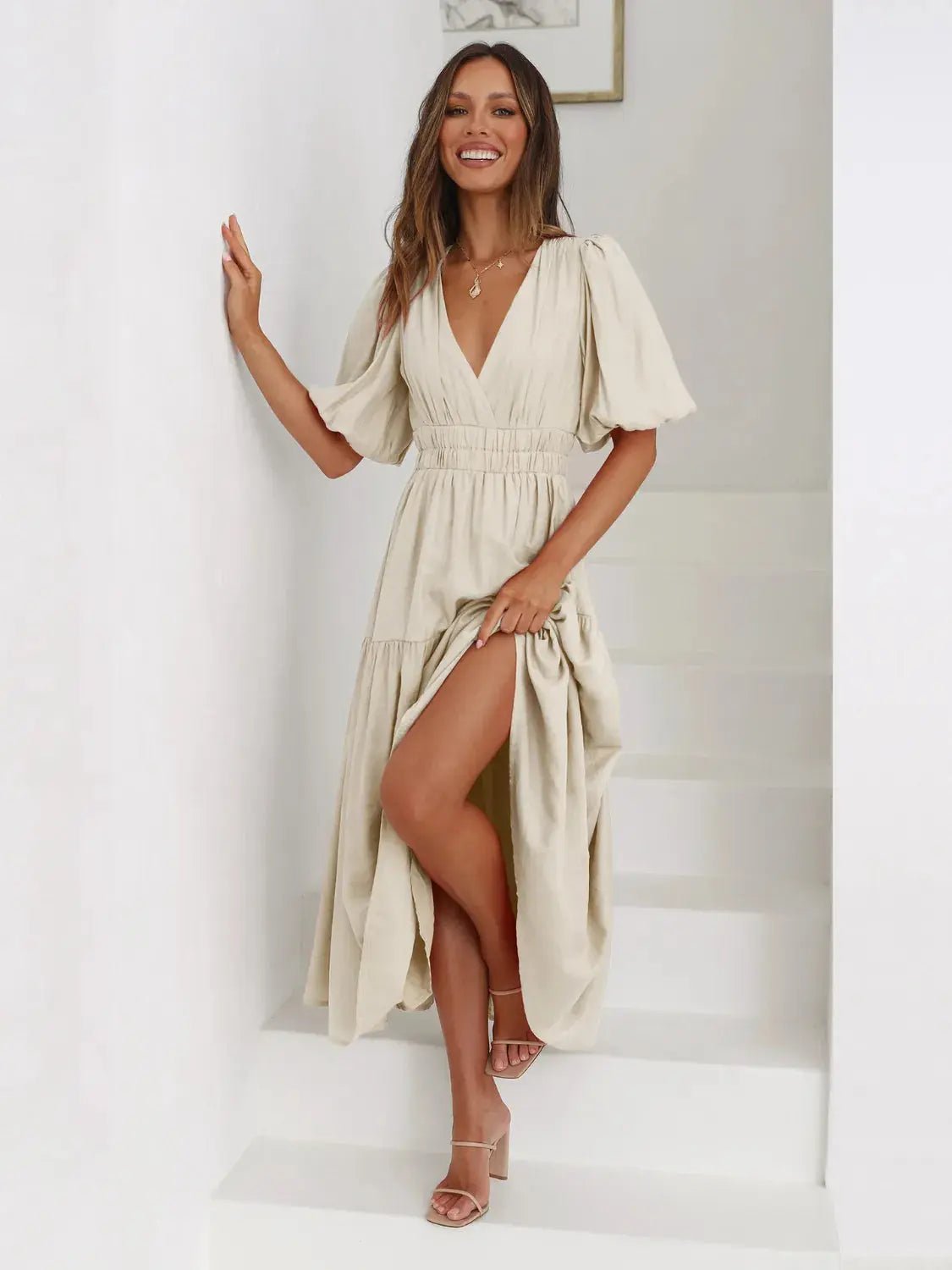 Tiered Surplice Half Sleeve Midi Dress - Charmdeals