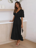 Tiered Surplice Half Sleeve Midi Dress - Charmdeals