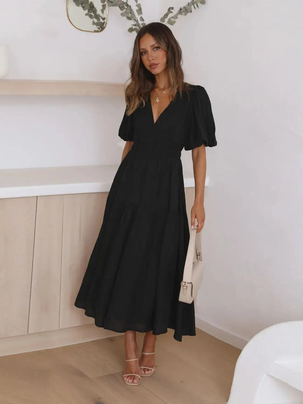 Tiered Surplice Half Sleeve Midi Dress - Charmdeals