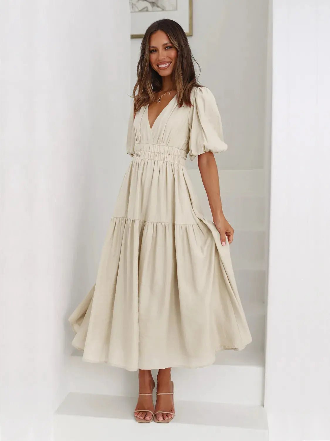 Tiered Surplice Half Sleeve Midi Dress - Charmdeals