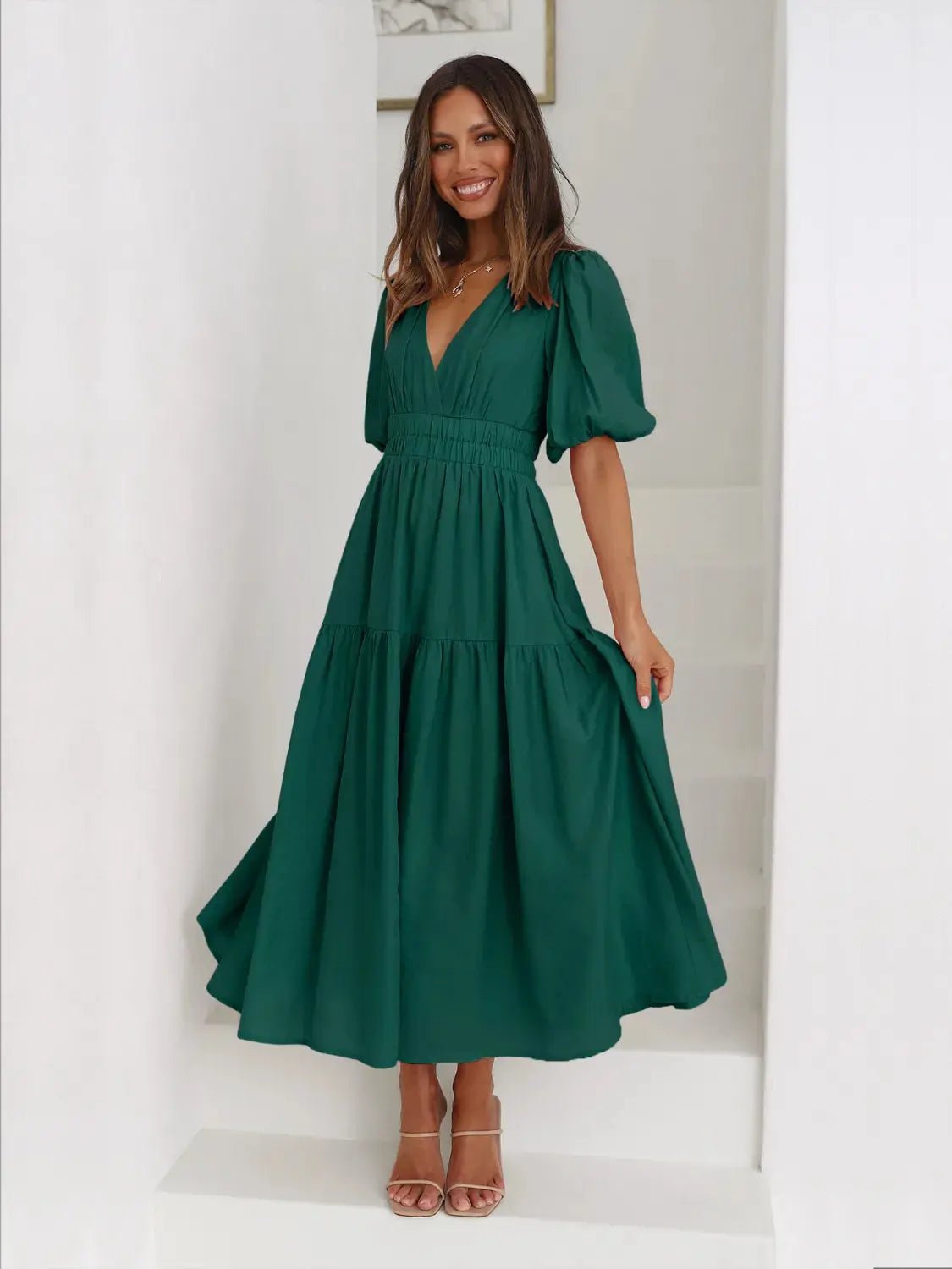 Tiered Surplice Half Sleeve Midi Dress - Charmdeals