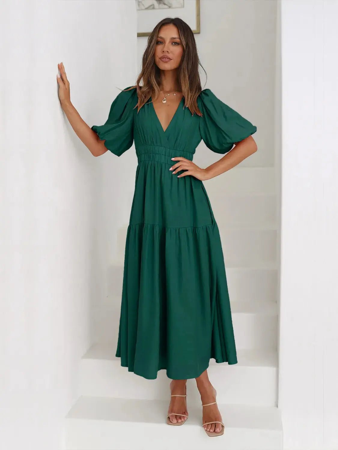 Tiered Surplice Half Sleeve Midi Dress - Charmdeals