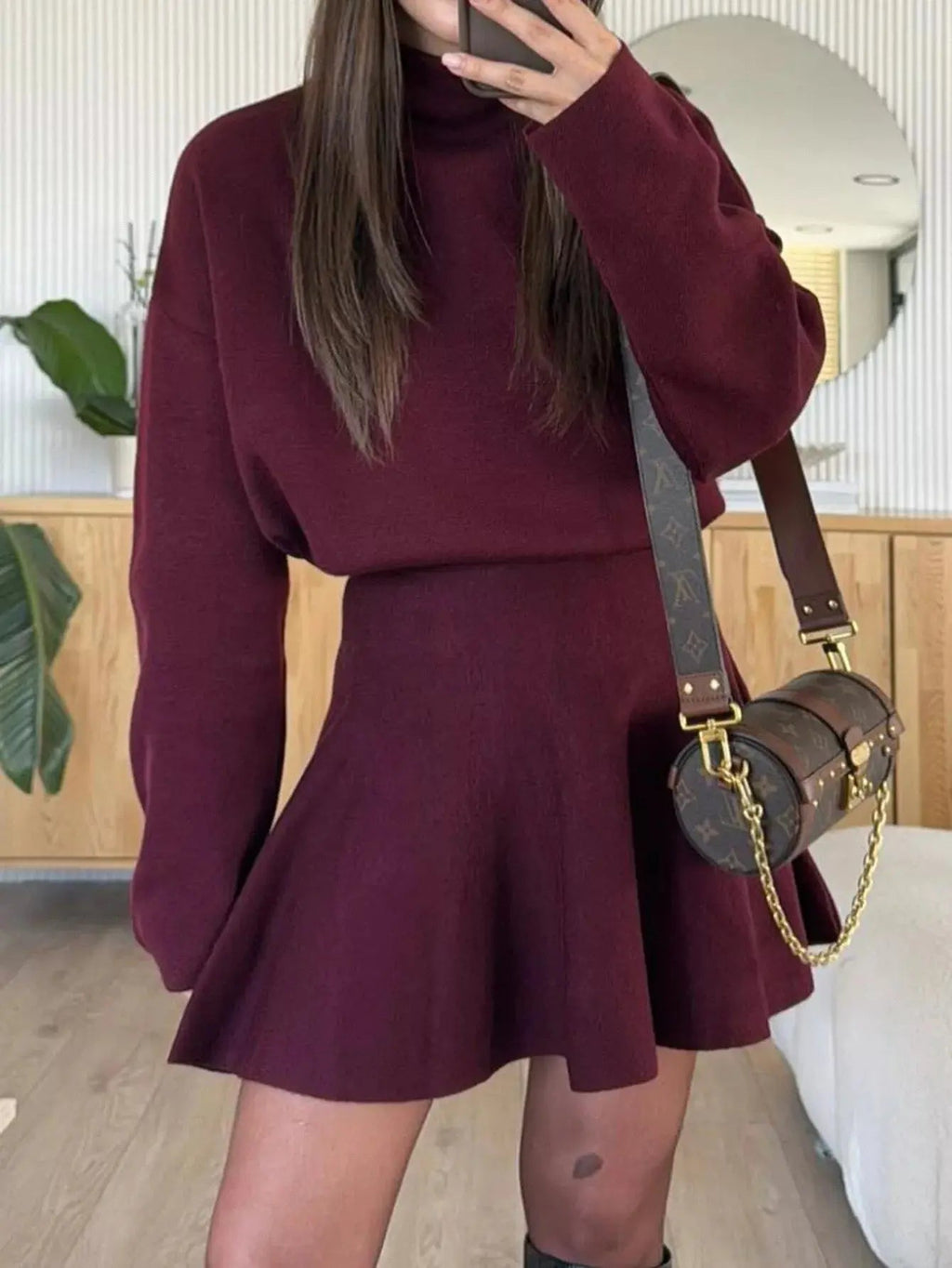 Turtleneck Dropped Shoulder Sweater and Skirt Set - Charmdeals
