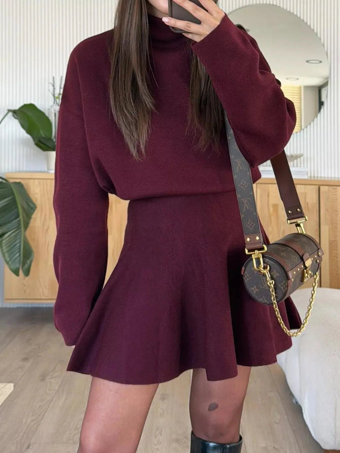 Turtleneck Dropped Shoulder Sweater and Skirt Set - Charmdeals