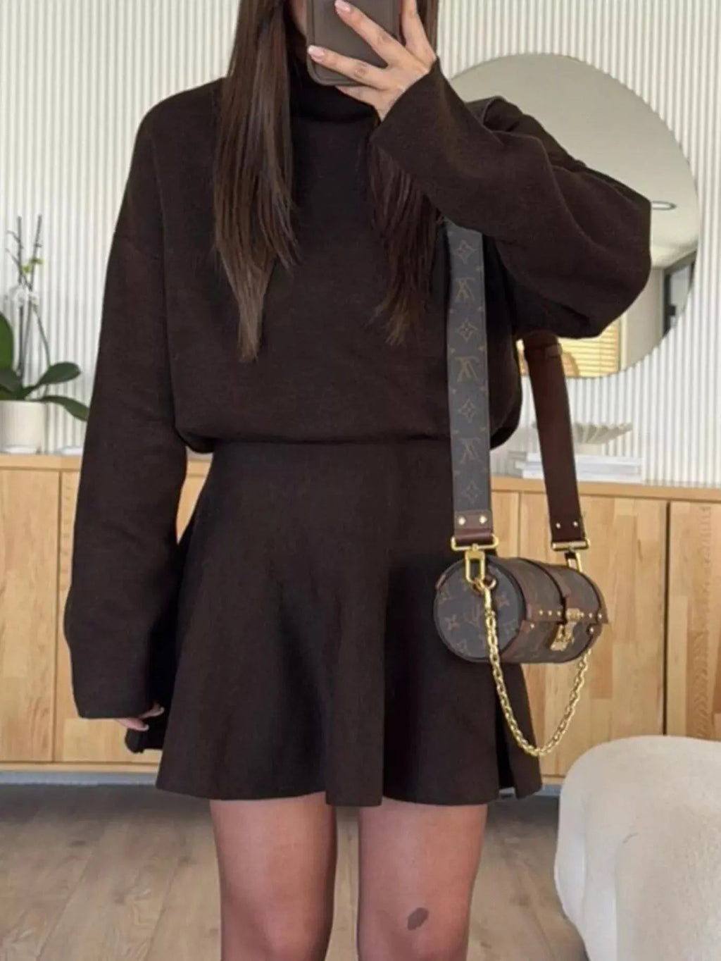 Turtleneck Dropped Shoulder Sweater and Skirt Set - Charmdeals