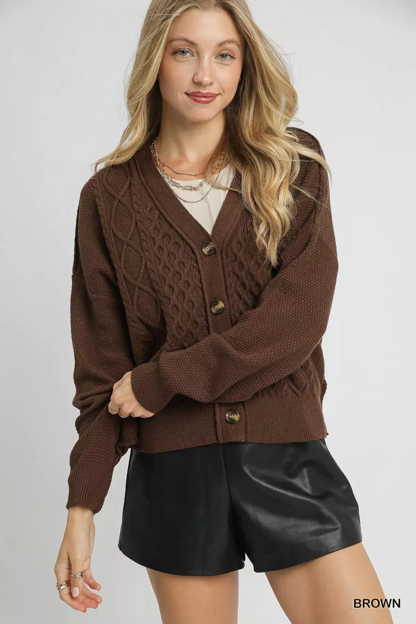 Umgee Chunky Cable Knit V - Neck Button - Up Cardigan - Charmdeals
