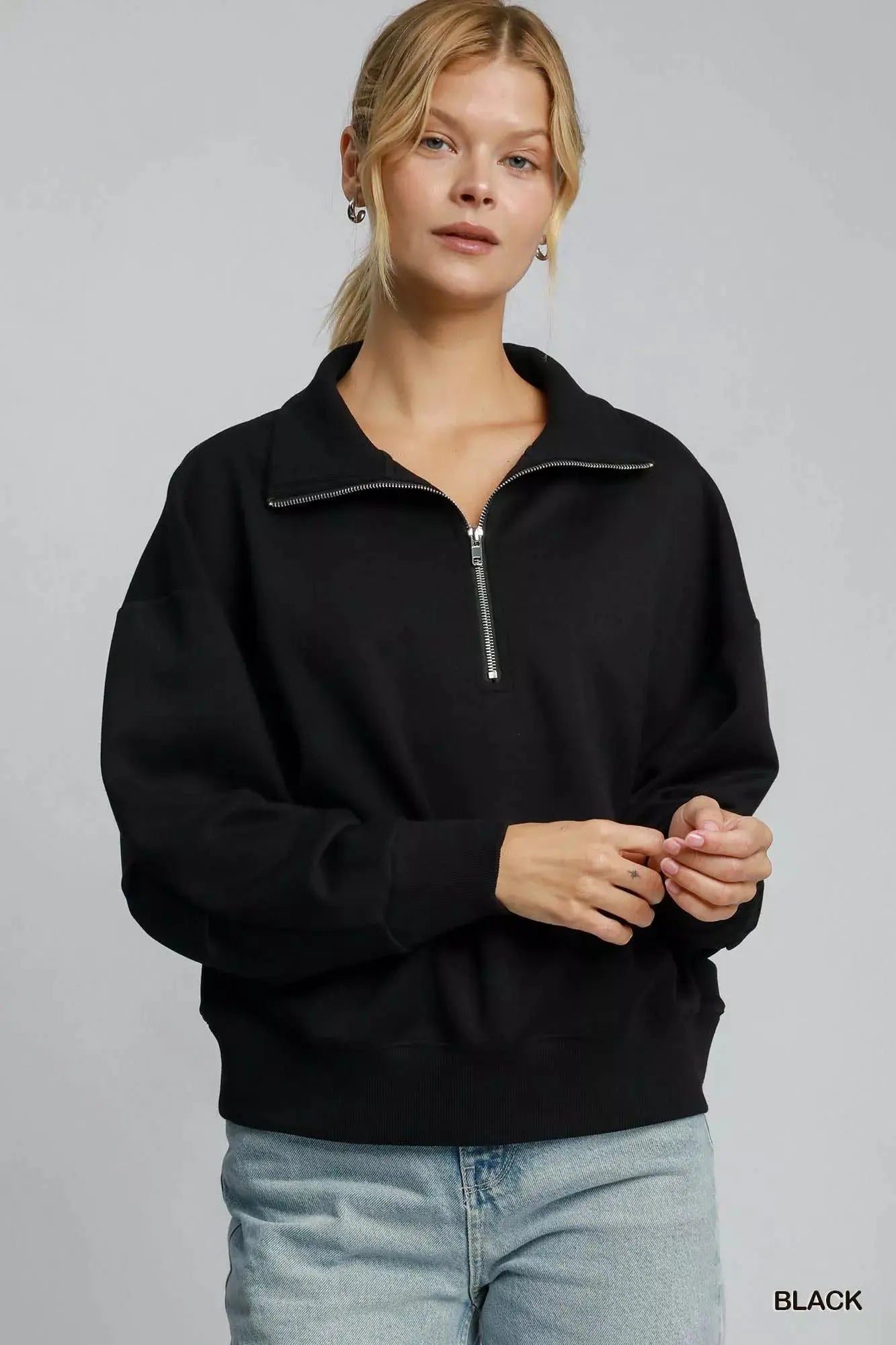 Umgee Half Zip Drop Shoulder Sweatshirt - Charmdeals