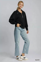 Umgee Half Zip Drop Shoulder Sweatshirt - Charmdeals