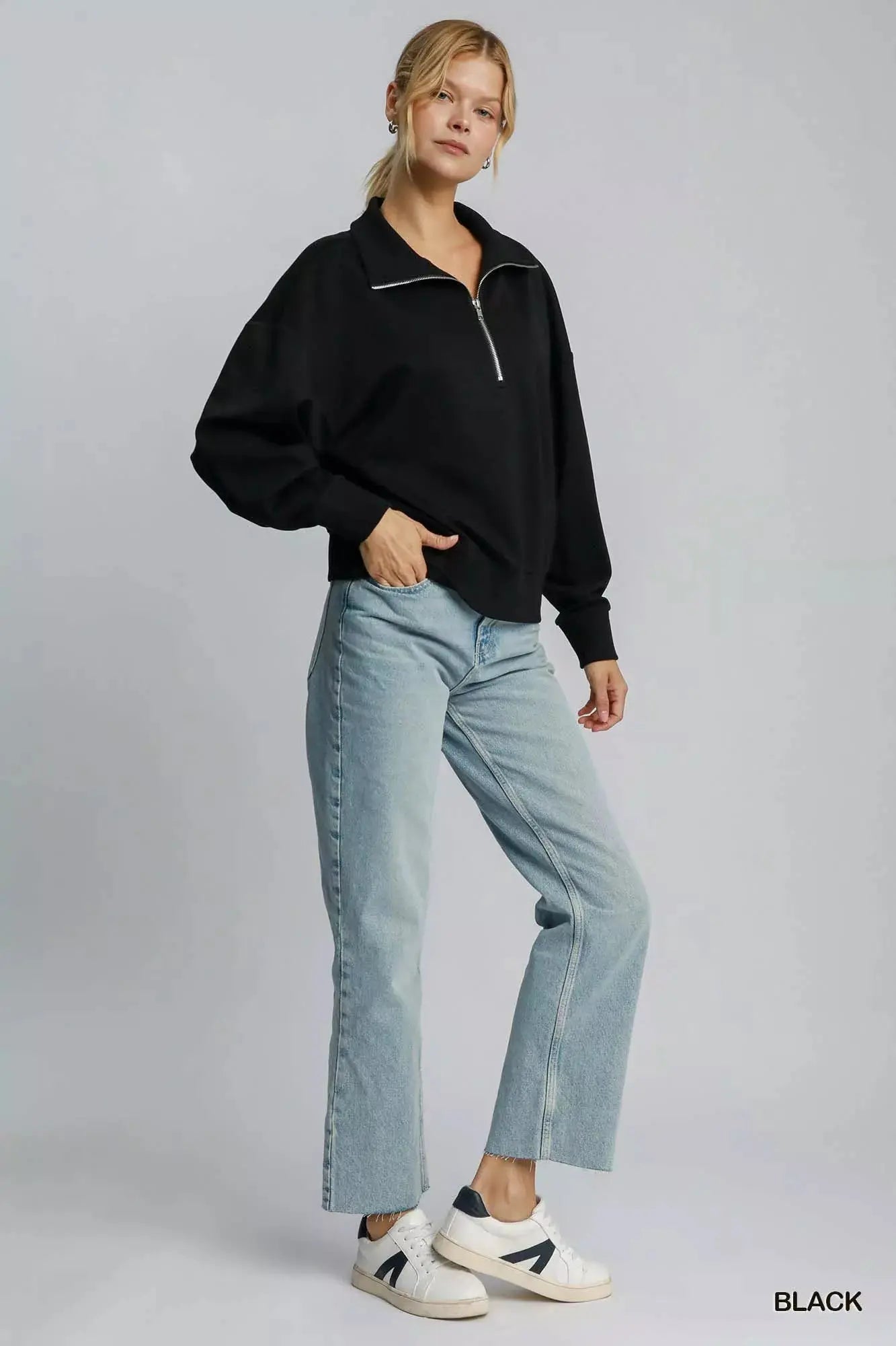 Umgee Half Zip Drop Shoulder Sweatshirt - Charmdeals