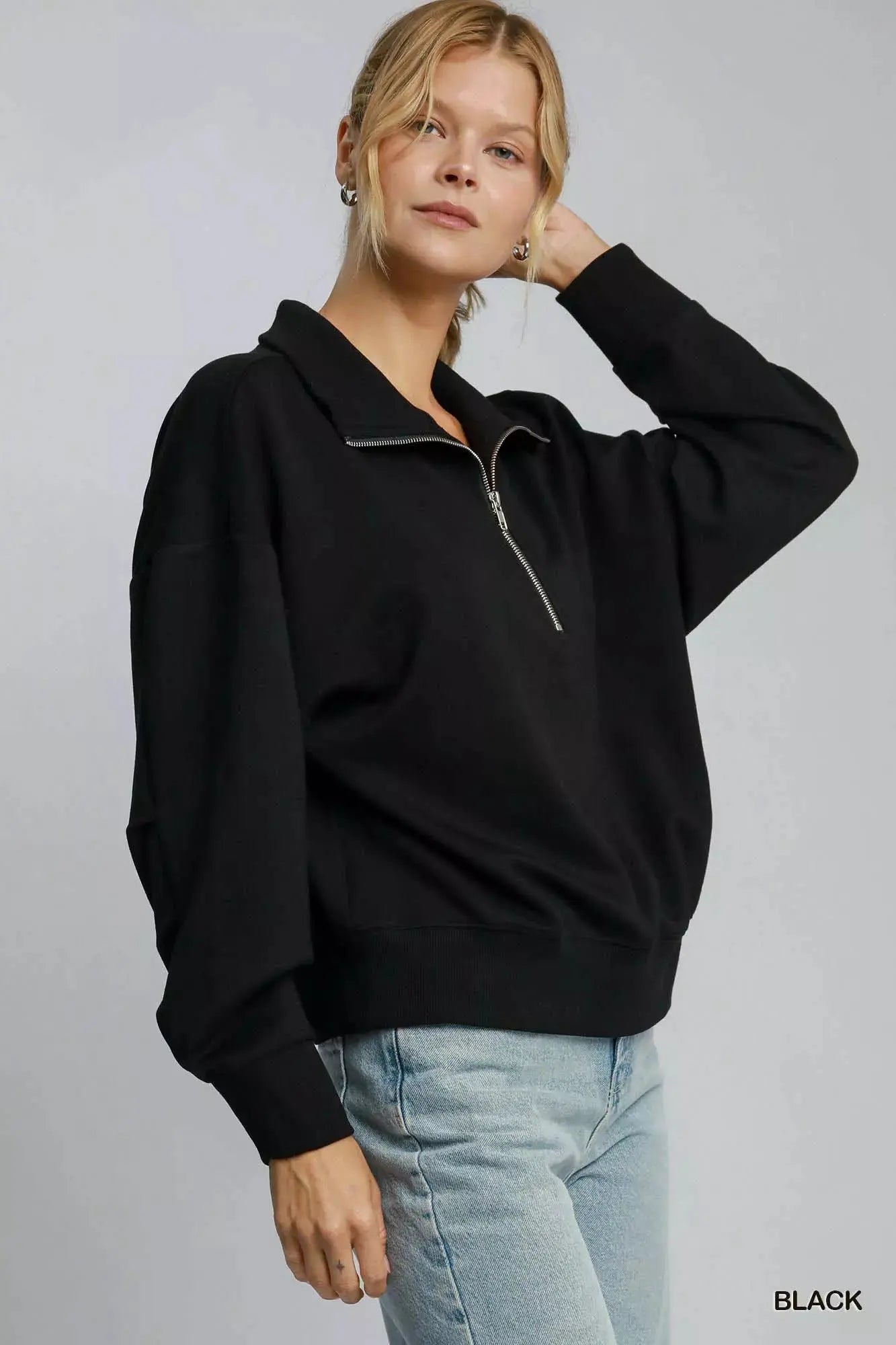 Umgee Half Zip Drop Shoulder Sweatshirt - Charmdeals