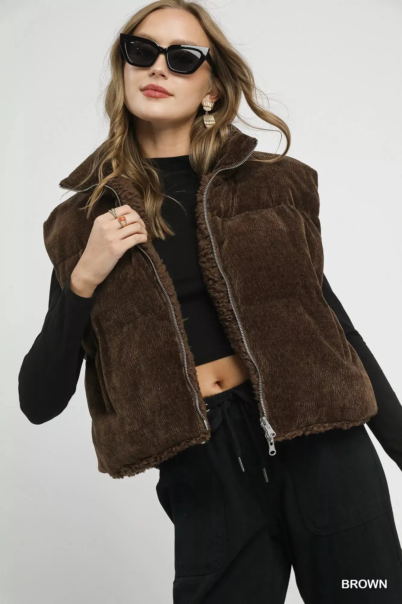 Umgee Sherpa - Lined Zip Vest with Drawstring Hem - Charmdeals