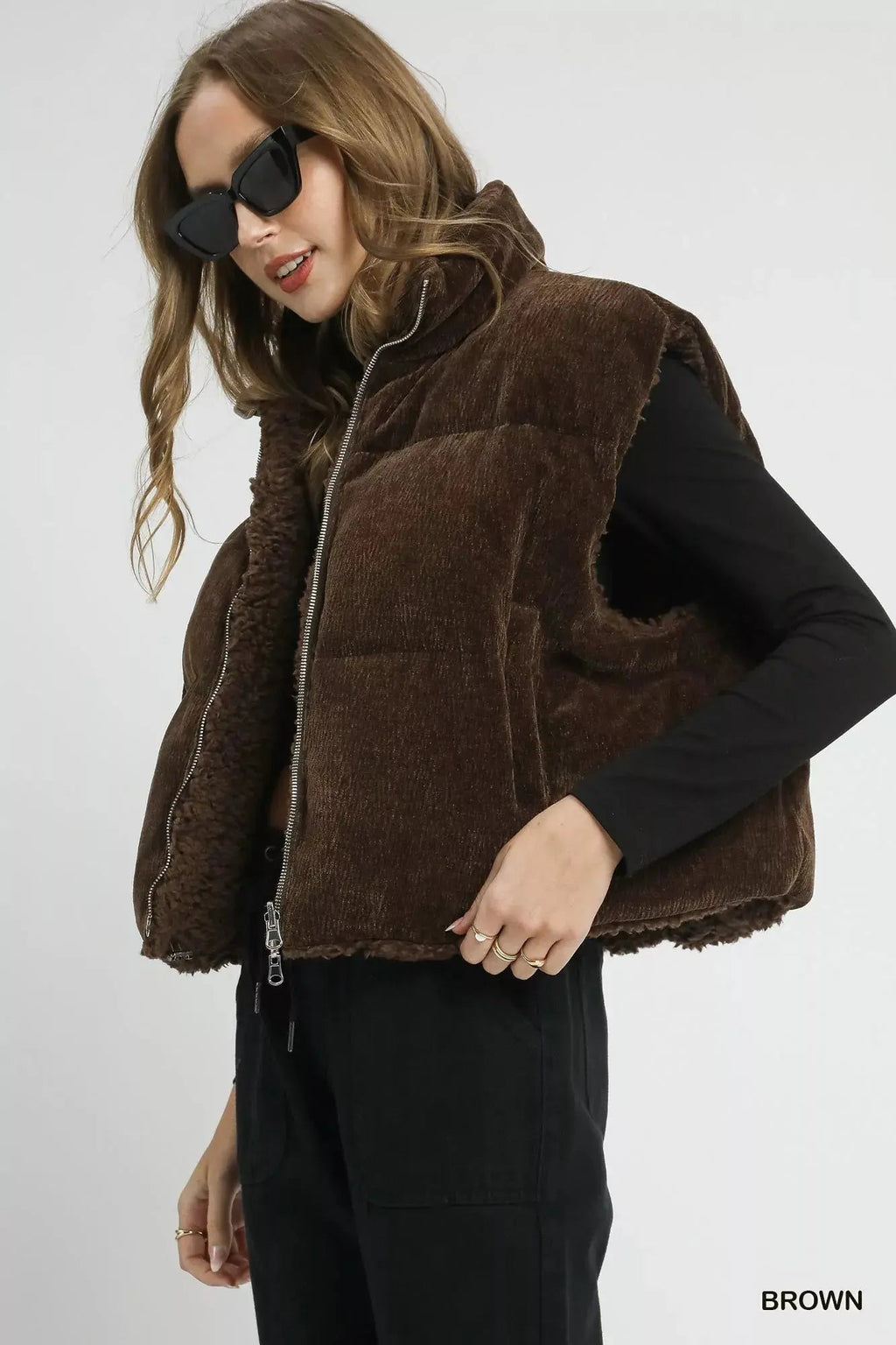 Umgee Sherpa - Lined Zip Vest with Drawstring Hem - Charmdeals