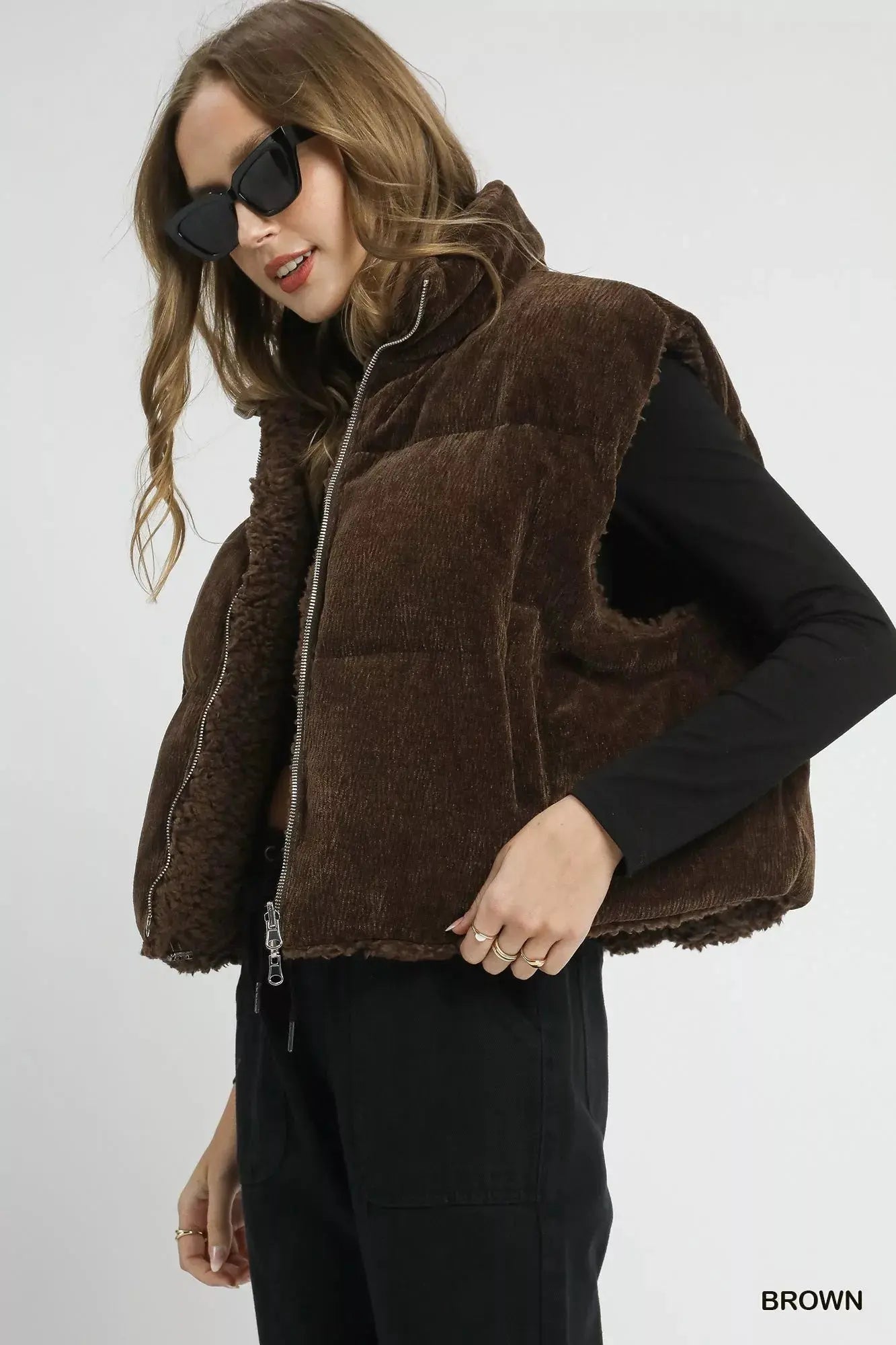 Umgee Sherpa - Lined Zip Vest with Drawstring Hem - Charmdeals