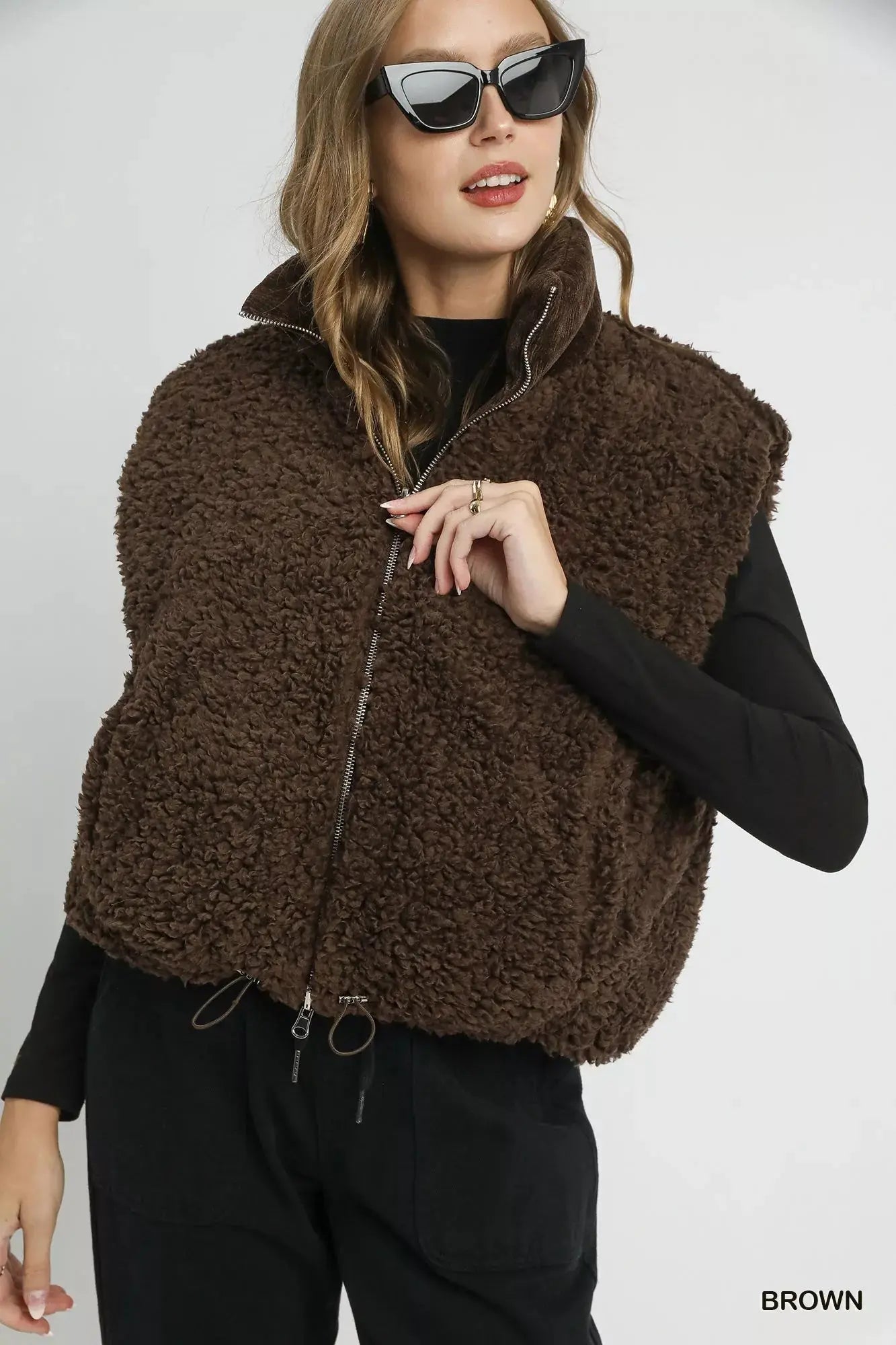 Umgee Sherpa - Lined Zip Vest with Drawstring Hem - Charmdeals