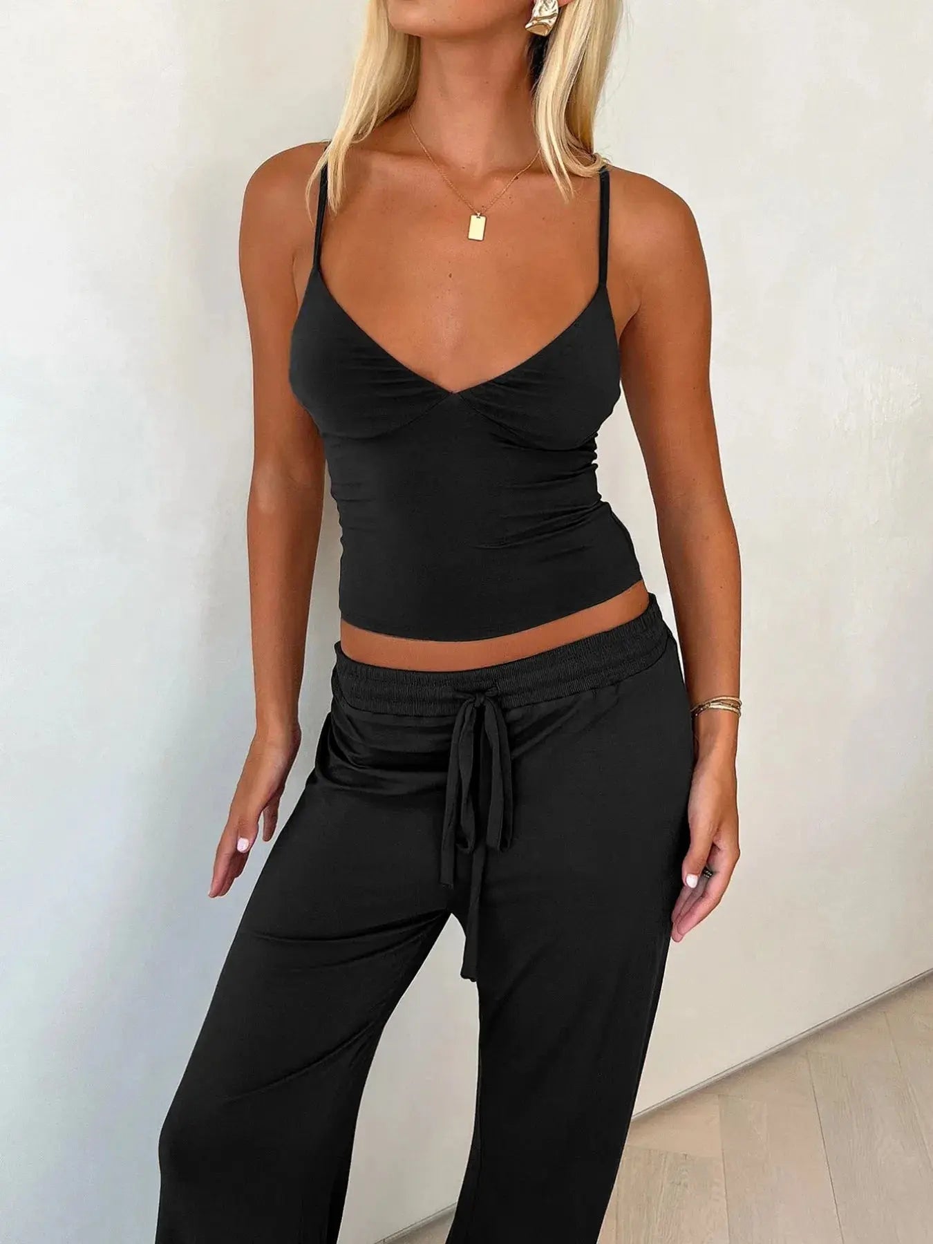 V - Neck Cami and Pants Set - Charmdeals