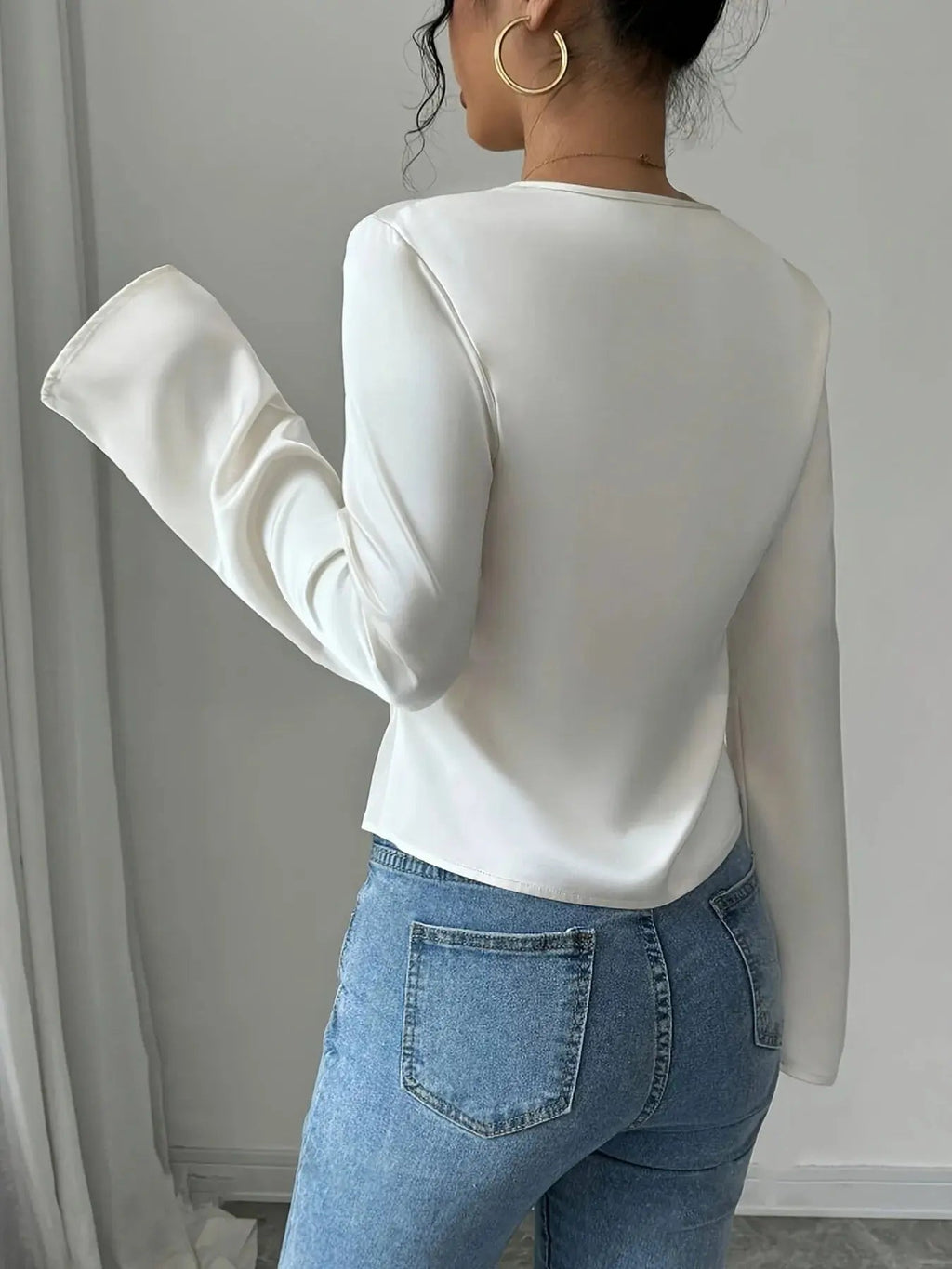 V - Neck Twist Front Long Sleeve Blouse - Charmdeals