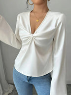 V - Neck Twist Front Long Sleeve Blouse - Charmdeals
