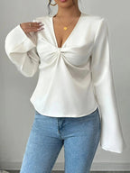 V - Neck Twist Front Long Sleeve Blouse - Charmdeals
