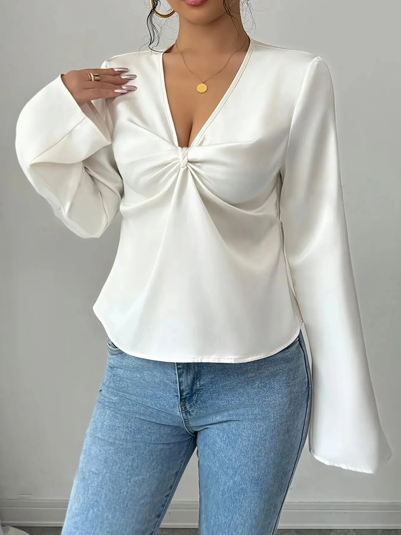 V - Neck Twist Front Long Sleeve Blouse - Charmdeals