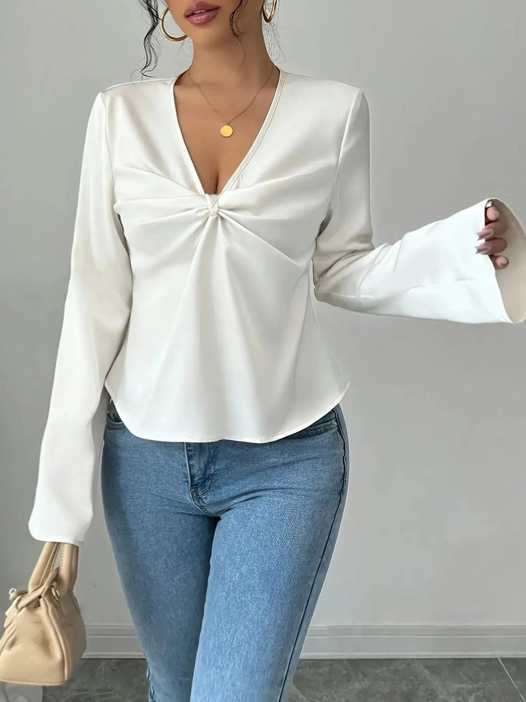 V - Neck Twist Front Long Sleeve Blouse - Charmdeals