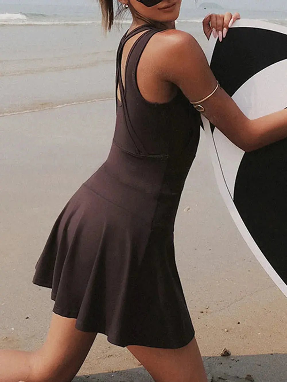 V - Neck Wide Strap Active Dress with Unitard Liner - Charmdeals