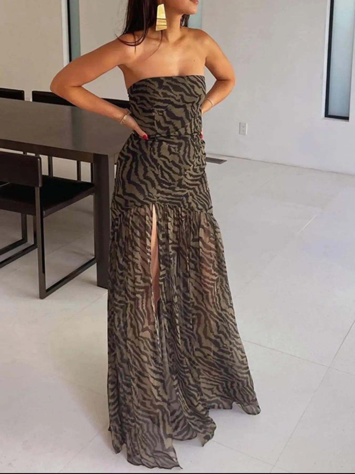 Zebra Print Maxi Dress with Side Slit - Charmdeals