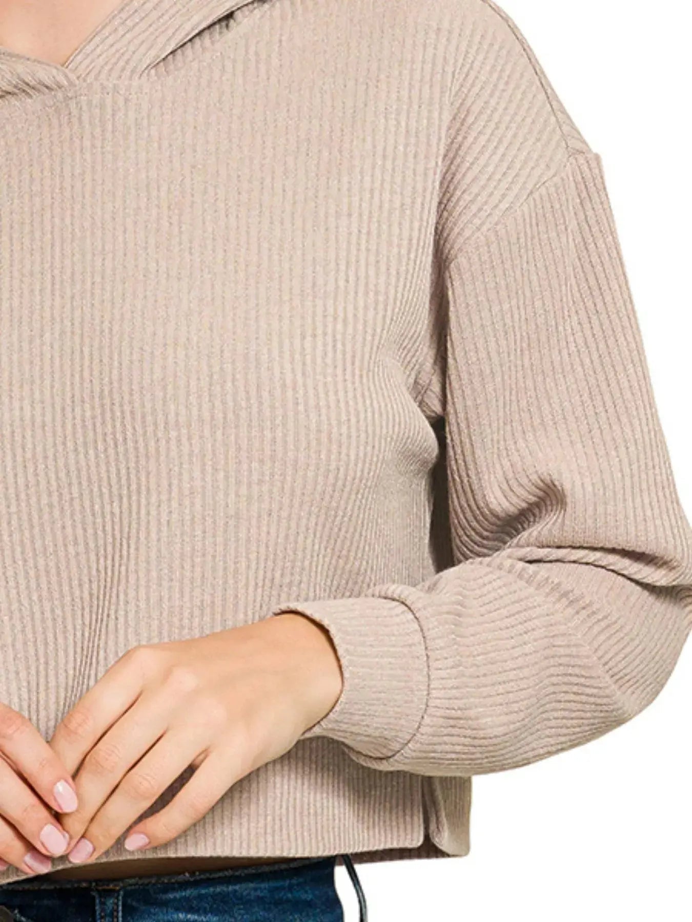 Zenana Drop Shoulder Ribbed Crop Hoodie - Charmdeals