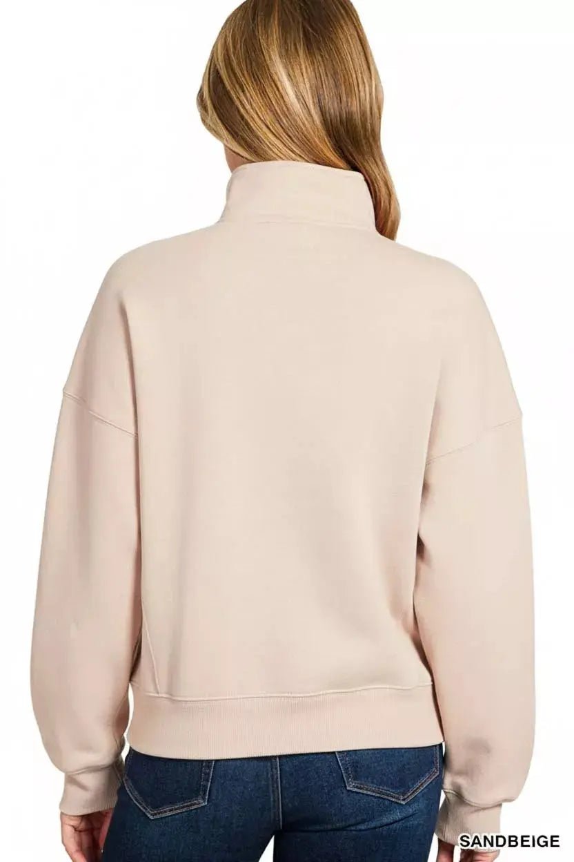 Zenana Fleece High Neck Half Zip Sweatshirt - Charmdeals