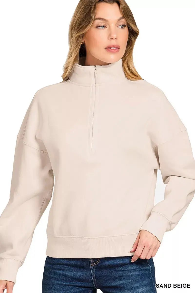 Zenana Fleece High Neck Half Zip Sweatshirt - Charmdeals