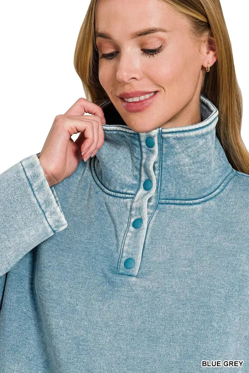 Zenana Fleece Washed High Neck Kangaroo Pocket Sweatshirt - Charmdeals