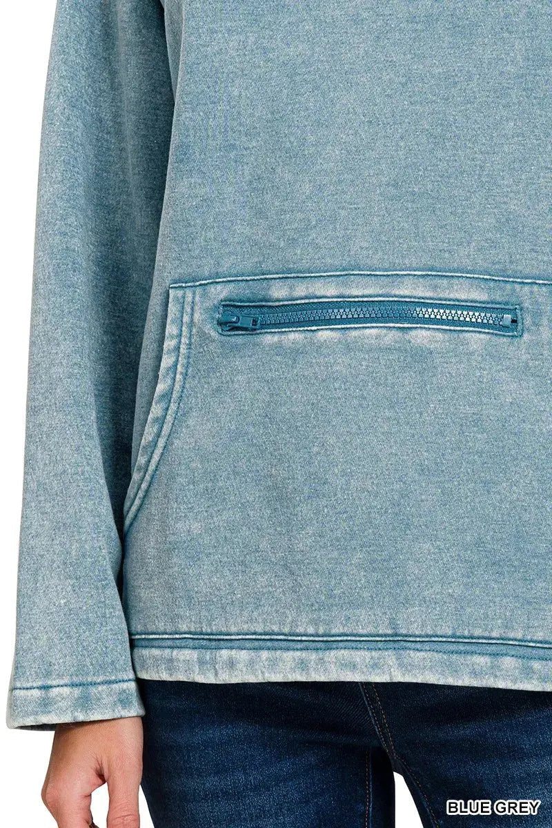 Zenana Fleece Washed High Neck Kangaroo Pocket Sweatshirt - Charmdeals