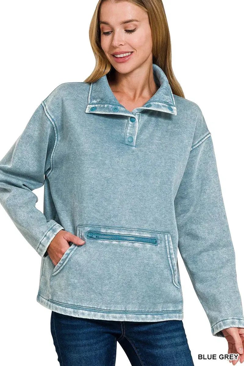 Zenana Fleece Washed High Neck Kangaroo Pocket Sweatshirt - Charmdeals