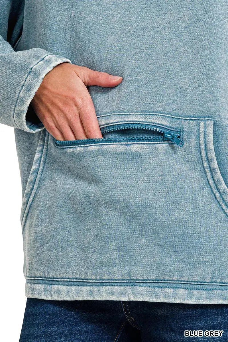 Zenana Fleece Washed High Neck Kangaroo Pocket Sweatshirt - Charmdeals