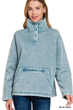 Zenana Fleece Washed High Neck Kangaroo Pocket Sweatshirt - Charmdeals
