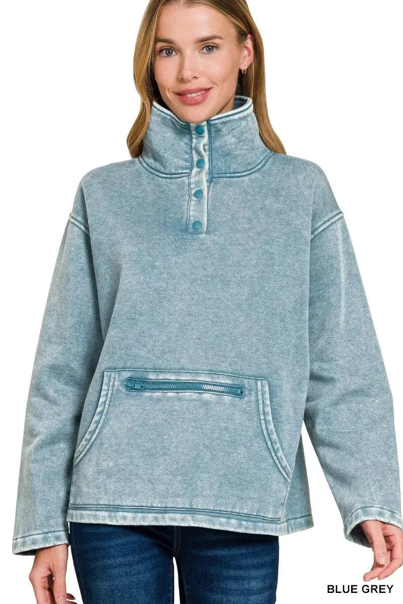 Zenana Fleece Washed High Neck Kangaroo Pocket Sweatshirt - Charmdeals