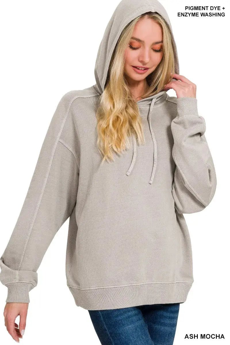 Zenana French Terry Pigment Dye & Enzyme Washing Hoodie - Charmdeals