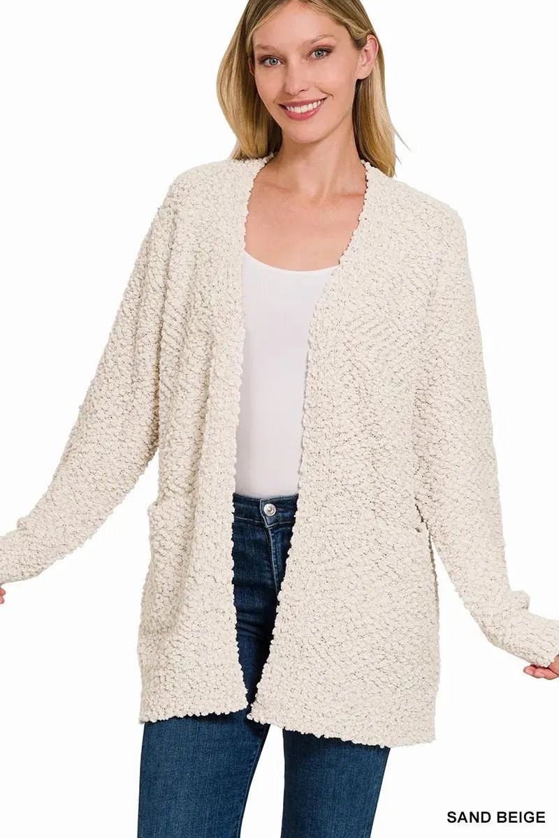 Zenana Long Sleeve Popcorn Sweater Cardigan with Pockets - Charmdeals