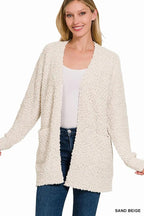 Zenana Long Sleeve Popcorn Sweater Cardigan with Pockets - Charmdeals