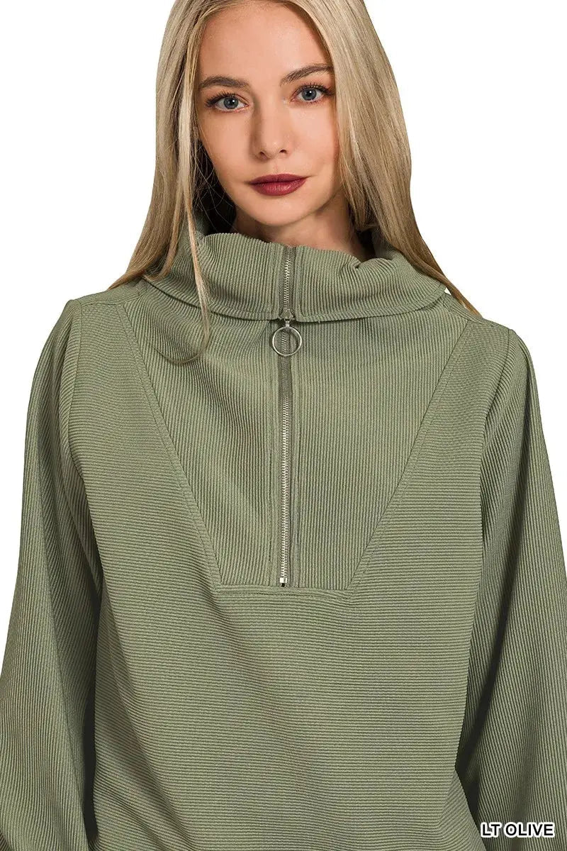 Zenana Ribbed High Neck Half Zip Pullover & Pants Set - Charmdeals