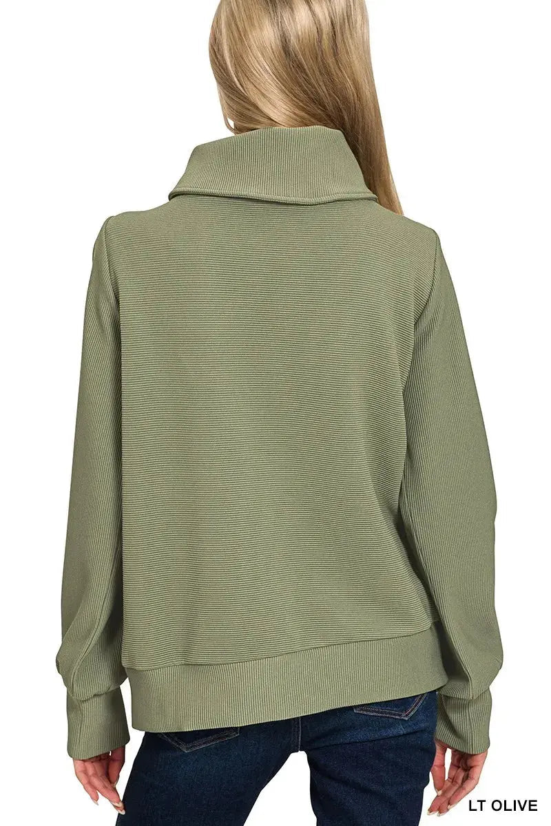 Zenana Ribbed High Neck Half Zip Pullover & Pants Set - Charmdeals